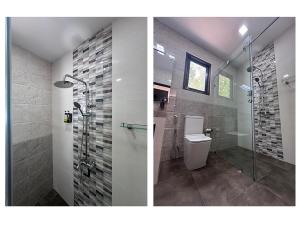 two pictures of a bathroom with a shower and a toilet at Yaazoraa Anuradhapura in Maha Kalattewa +30 photos