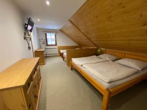 a large room with two beds and a television in it at Apartmán U Šáfy, Krkonoše in Svoboda nad Úpou +12 photos