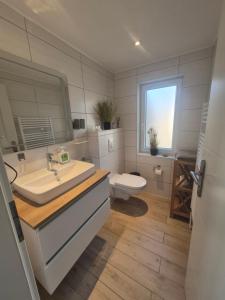a bathroom with a sink and a toilet and a window at Apartmenthaus Westerkoog in Hedwigenkoog +20 photos