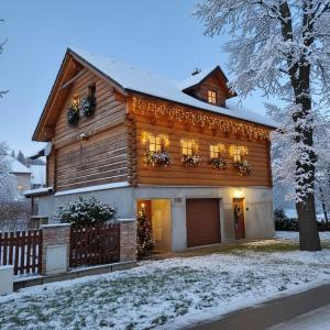 a house with christmas decorations on it in the snow at Apartmán U Šáfy, Krkonoše in Svoboda nad Úpou