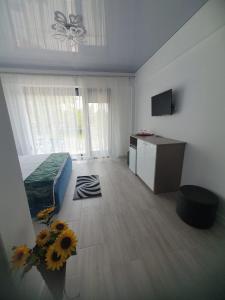 a bedroom with a bed and a desk and a television at Constantin Rooms in Eforie Nord +13 photos