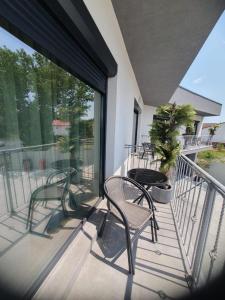 a balcony with chairs and a table with a potted plant at Constantin Rooms in Eforie Nord