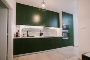 a kitchen with green cabinets and a sink at Apartmán Melissa in Žilina +4 photos
