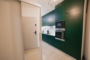 a kitchen with green cabinets and a glass doorway at Apartmán Melissa in Žilina