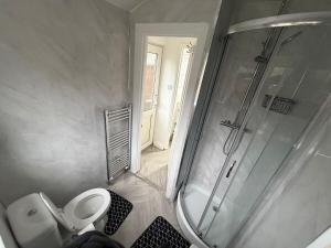 a small bathroom with a shower and a toilet at Central Luton, Guest House, Contractor Friendly, Long Stays Welcome in Luton +2 photos