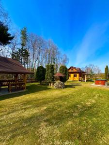 a large grass field with a house in the background at Ranczo Rico in Baryczka