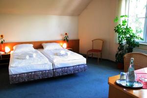 a hotel room with a bed and a table at Hotel LEANO in Lübeck +12 photos