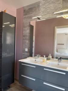 a bathroom with a sink and a mirror at Maison de plain pied in Certines +22 photos