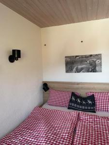 a bedroom with two beds with red and white checked sheets at Ferienwohnung Hörnernest in Bolsterlang +23 photos