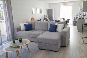 a living room with a gray couch with blue pillows at T3 centre La Teste-de-Buch Terrasse 2 parkings Wi-Fi fibre 4 pers in La Teste-de-Buch +21 photos