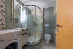 a bathroom with a shower and a toilet and a sink at Panorama City Loft in Mytilene +14 photos