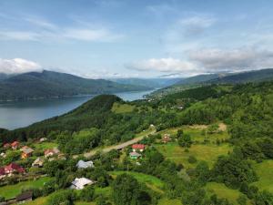 an aerial view of a village on a hill next to a lake at Fanarele din Hangu in Hangul