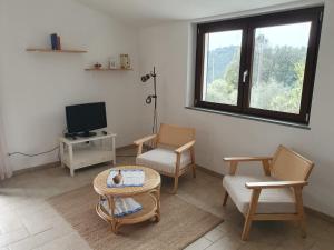 a living room with two chairs and a tv at Il Grottino di Sarzana in Sarzana