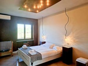 a bedroom with a bed and a window and lights at Agriturismo CasaMatilda in Dogliani