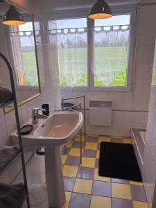 a bathroom with a sink and a window at Gites de la Haie in Plouégat-Moysan +91 photos