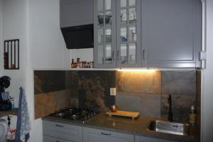 a kitchen with white cabinets and a stove top oven at Villa Rosa in Andijk +4 photos