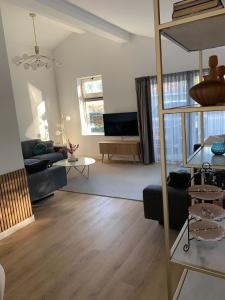 a living room with a couch and a tv at Villa Veluwe in Putten