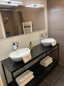 a bathroom with two sinks and a large mirror at Villa Veluwe in Putten +38 photos