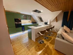 a kitchen and living room with green cabinets and a couch at Hunters Lodge in Liptovská Lúžna