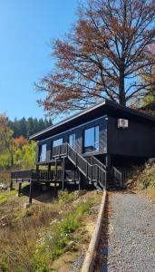 a black house on a hill with a tree at Nomad Hill Cabins in Rugineşti