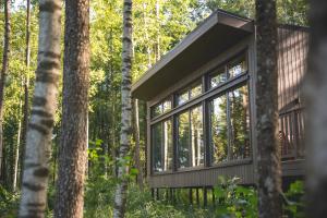 a tree house in the woods with glass windows at Brīvdienu māja Empagi in Lādezers