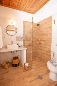 a bathroom with a shower and a sink and a toilet at Elves Studios& Apartment's SIDARI in Sidari