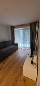 a living room with a couch and a table at Kurzemes Pērle Beach Apartament - Albatross in Ķesterciems