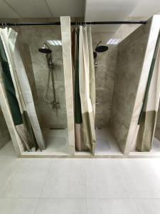 ein Badezimmer mit einer Dusche mit Duschvorhang in der Unterkunft Ethno Hostel in Chişinău