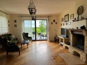 a living room with a fireplace and a television at Dom Acapulco in Kromszewice