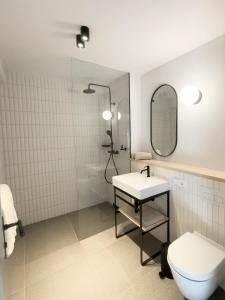 a bathroom with a toilet and a sink and a mirror at Hotel Josef im Kloster Beuerberg in Eurasburg