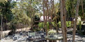 a garden with trees and a table and benches at Cristy's Relaxing Sunny Place in Rimus