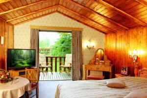 a bedroom with a bed and a television and a balcony at Landhaus Hotel Romantik in Gotha