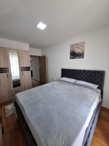 a bedroom with a large bed and a window at Apartmani Bojković in Vrnjačka Banja