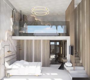 a bedroom with two beds and a chandelier at Theretra Pefki Center in Pefki