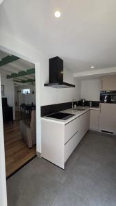 a kitchen with a sink and a counter top at Zeeuws Wagenhuys in Biggekerke +18 photos