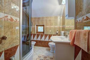 a bathroom with a toilet and a sink and a shower at Apartments Velebit house in Biljevine +23 photos