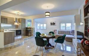 a kitchen and living room with a table and green chairs at Apartments Velebit house in Biljevine