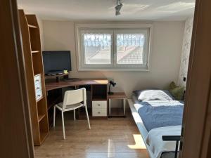 a bedroom with a desk and a bed and a computer at Ferienwohnung Uschi 1 in Peiting +32 photos