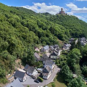 an aerial view of a village in the mountains at Rhein-Mosel-Ferienhaus in Brodenbach