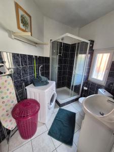 a bathroom with a shower and a toilet and a sink at appartement meublé romain in Niederbronn-les-Bains