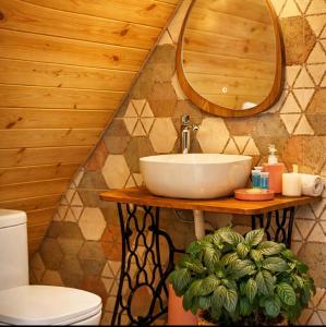 a bathroom with a sink and a mirror at Tasia's Cottage in Tsalka +132 photos