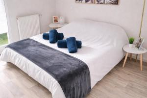a bedroom with a large white bed with blue pillows at T3 centre La Teste-de-Buch Terrasse 2 parkings Wi-Fi fibre 4 pers in La Teste-de-Buch