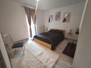 a bedroom with a bed and a chair and a window at Le Domaine Des Petits Chat in Orchamps