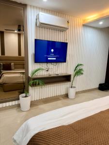 a living room with a tv and two potted plants at Halo Haven in Dehradun