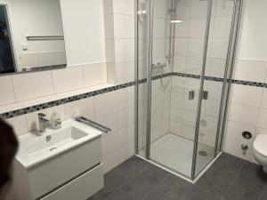 a bathroom with a shower and a sink and a toilet at Apartments Blütenweg in Leichlingen +53 photos