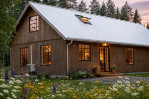 a barn with a metal roof and windows at The Studio in Skellefteå