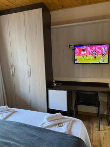 a bedroom with a bed and a tv on a wall at Hotel Estrela in Cruz Machado
