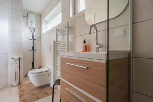 a bathroom with a toilet and a sink at Zonneschijn, bungalow op vakantiepark bij zee in Baarland +16 photos