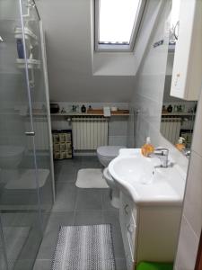 a bathroom with a sink and a toilet and a shower at Zimmer mit Doppelbett in Zagreb