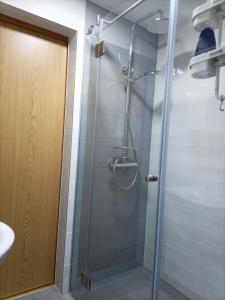 a shower with a glass door in a bathroom at Zimmer mit Doppelbett in Zagreb +2 photos